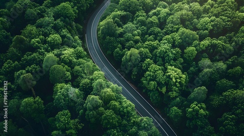 Aerial view of a winding road through a green forest captured with drone photography with vibrant colors of the natural landscape. For Design, Background, Cover, Poster, Banner, PPT, KV design, Wallpa photo
