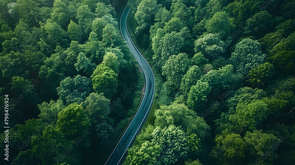 Aerial view of a winding road through a green forest captured with drone photography with vibrant colors of the natural landscape. For Design, Background, Cover, Poster, Banner, PPT, KV design, Wallpa