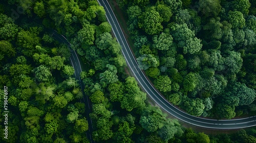 Aerial view of a winding road through a green forest captured with drone photography with vibrant colors of the natural landscape. For Design, Background, Cover, Poster, Banner, PPT, KV design, Wallpa © horizor