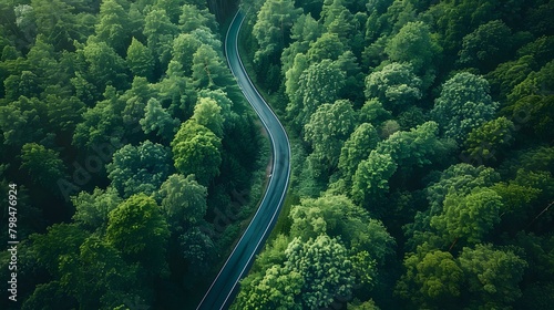 Aerial view of a winding road through a green forest captured with drone photography with vibrant colors of the natural landscape. For Design, Background, Cover, Poster, Banner, PPT, KV design, Wallpa