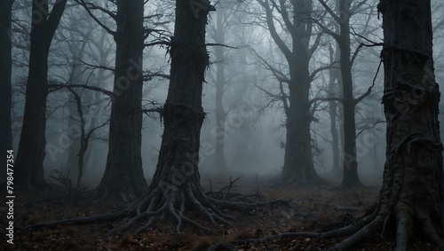 A haunted-looking tree with knots that form eerie, watching eyes, set in a misty, deserted forest ai_generated