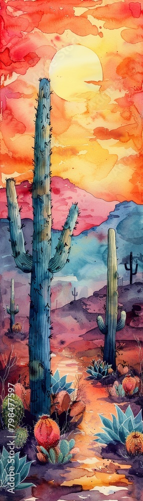 Watercolor hand drawn cactus in the desert, bright pastel colors, hot and dry nature scene