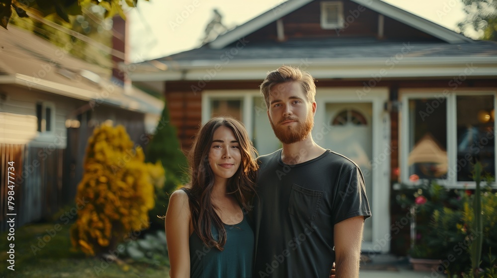 Contemporary Couple in Front of Suburban House. Generative AI. Contemporary Couple in Front of Suburban House. Generative AI.