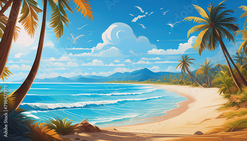 The bright blue sky contrasts with the clear blue sea. A long sparkling stretch of fine white sand beach. The sun shines down warmly. The coconut trees swayed and waved in the wind. Art Background
