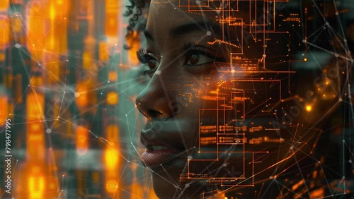 Wallpaper Mural Young Multiethnic Female Government Employee Uses Technical Data in System Control Monitoring Center. Background with flying patterns. Generate AI. Torontodigital.ca