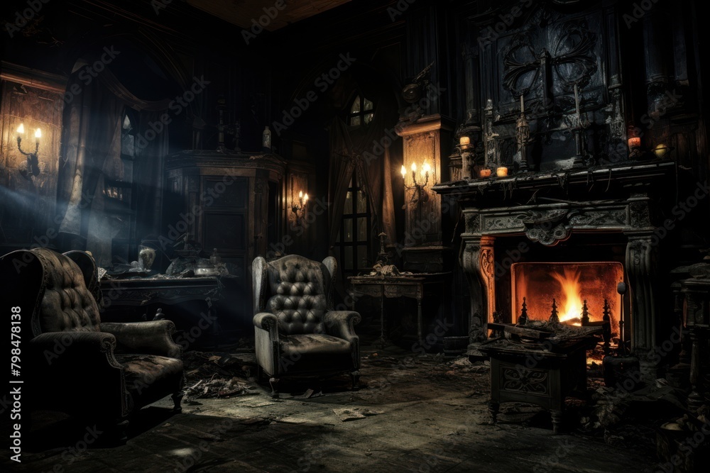 Haunted house architecture fireplace furniture.