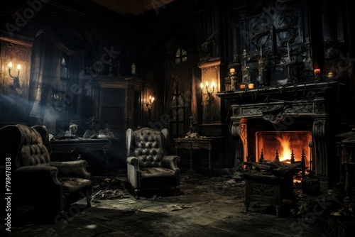 Haunted house architecture fireplace furniture.