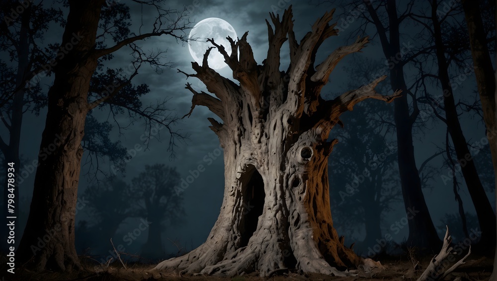 An ancient tree with a hollow, dark opening, its bark resembling the face of a ghost, under a full moon ai_generated An ancient tree with a hollow, dark opening, its bark resembling the face of a ghost, under a full moon ai_generated