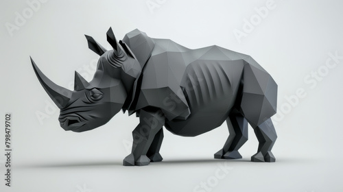 A 3D black polygonal rhinoceros sculpture presented in an abstract design on a neutral background. © Thinnawat
