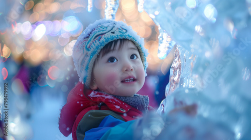 A small child plays happily amidst the Harbin Ice and Snow festival, AI generated Images photo