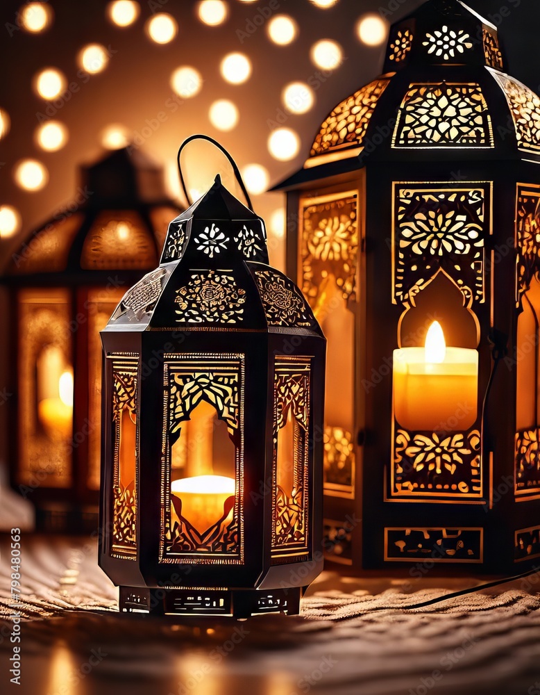 Eid Lamps or Lanterns on the Table in Eid Celebration Eve for Eid Background