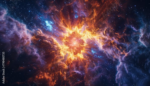 Supernova Explosion, Illustrate the dramatic event of a massive star reaching the end of its life cycle and exploding in a brilliant burst of light and energy photo