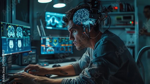 Stunning view of a neuroscientist adjusting a high-tech brain-computer interface on a volunteer, showcasing seamless integration photo