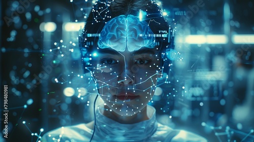 Vivid composition of a person wearing a brain-computer interface, surrounded by floating digital data, in a modern laboratory setting