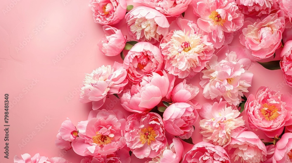 Celebrate Mother s Day with a stunning display of peony flowers set against a soft pink backdrop in a flat lay arrangement
