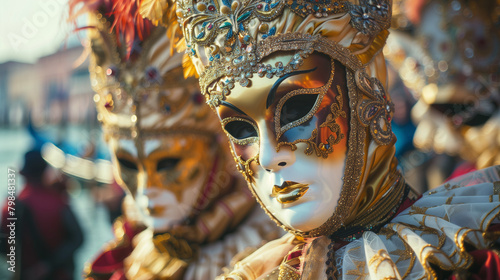 Venice Carnival Festival, where participants wear luxurious traditional Venetian costumes with mysterious masks, Ai Generated Images © mohammad