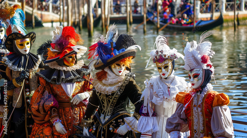 Venice Carnival Festival, where participants wear luxurious traditional Venetian costumes with mysterious masks, Ai Generated Images