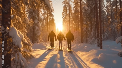 Group of skiers with snowboards walking on mountains with white snow and blue sky under warm sunlight.AI generated image photo