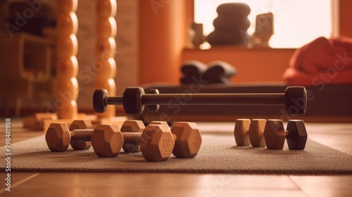 Dumbbells on the floor, room with Dumbbells on the gym floor and push-up handles on a yoga mat for exercise