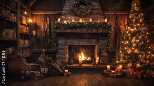 Christmas tree, and other decorations in the living room with gifts in the dark at night.AI generated image