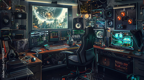 Programmer's studio, computer, multiple huge monitors, keyboard, mouse, speakers, various digital accessories, ergonomic chair, height adjustable computer table