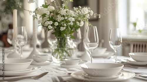 Minimalist Swedish dinner table setting with elegant tableware. © taelefoto