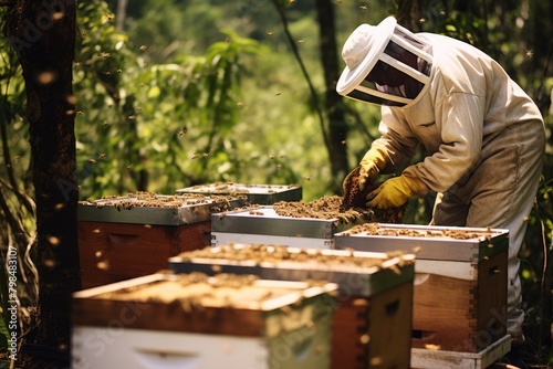 A beekeeper tending to beehives.