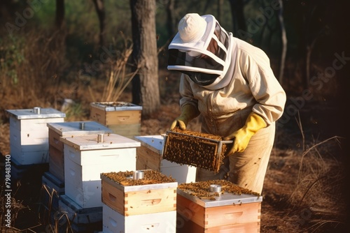A beekeeper tending to beehives.