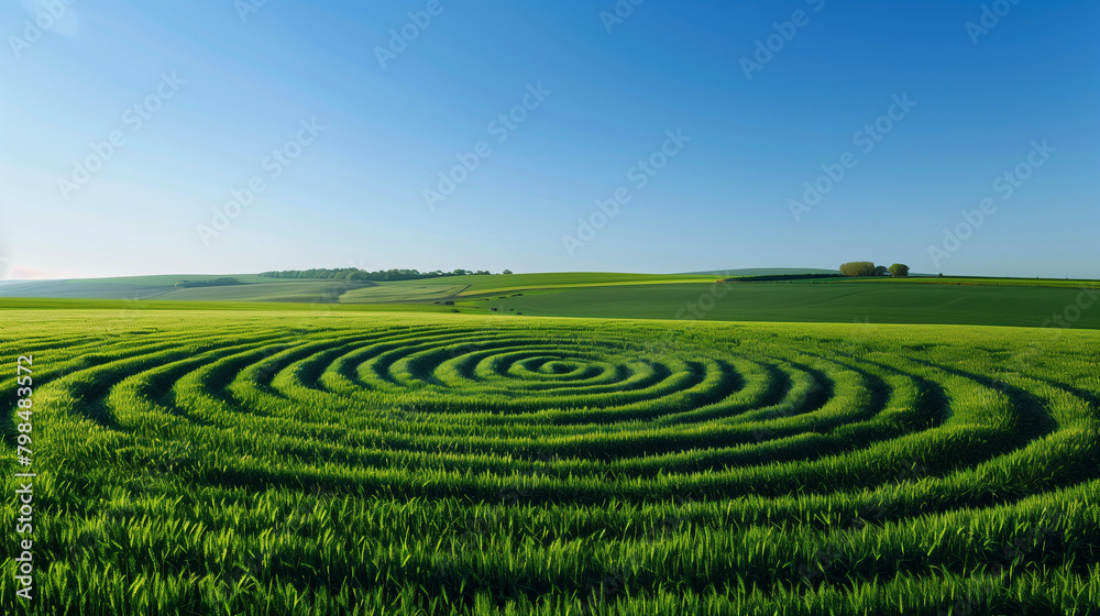 Crop Circles phenomenon, a complex circular pattern formed in a large green field, against a bright blue sky background. Ai Generated Images