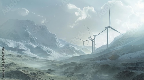 Wind farm. Wind generators in mountain landscape. Development of renewable energy sources hyper realistic  photo