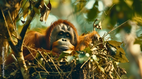 An orangutan carefully weaving branches and leaves together to build a nest in the rainforest canopy