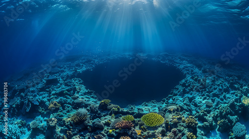 The phenomenon of holes in the sea  there are large holes or depressions that form on the seabed. Ai generated image