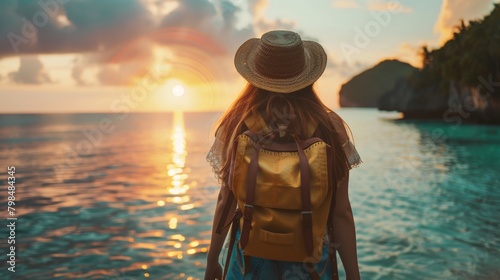 A lone serene female traveler, seen from behind, enjoys a peaceful moment at a beautiful and tranquil destination, with her arms extended in a gesture of love.