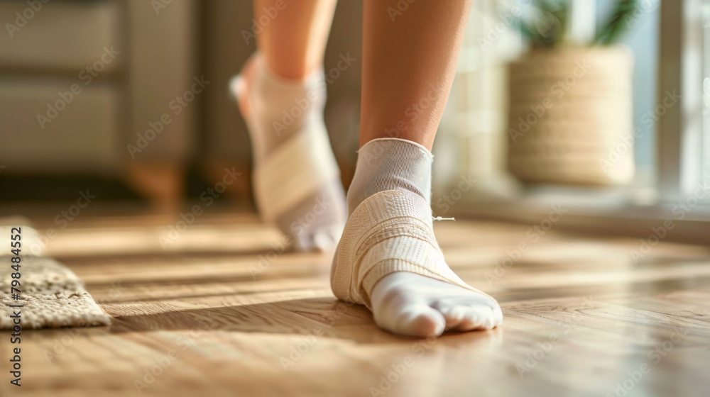 Applying a white medical adhesive bandage to protect against calluses while breaking in new shoes.