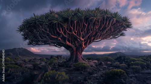 Dragon Blood Tree, an ancient tree with a thick, prominent red trunk, dark green leaves and thorns, Ai generated Images photo