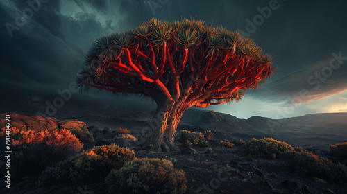 Dragon Blood Tree, an ancient tree with a thick, prominent red trunk, dark green leaves and thorns, Ai generated Images photo