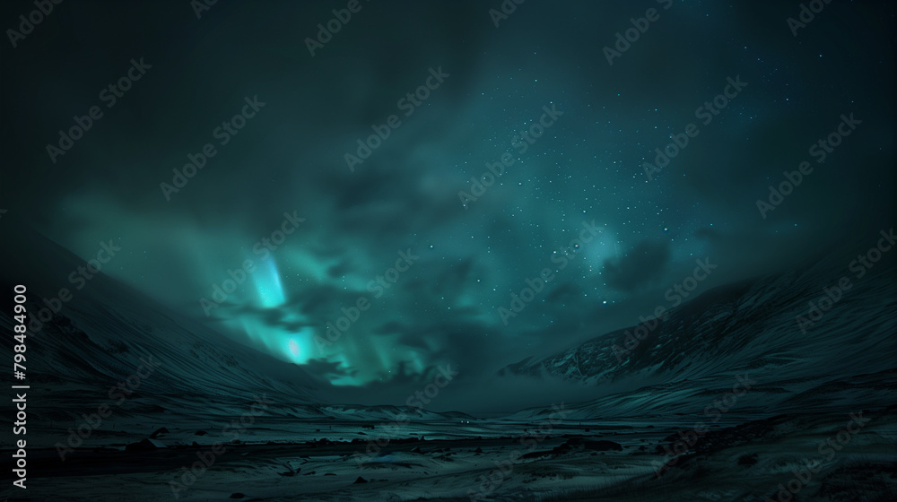 Hessdalen Lamp light phenomenon, dark night sky with flashes of green and blue light on the eastern horizon, surrounding small hills, Ai generated Images