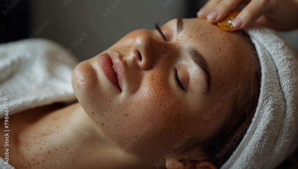 Content woman with freckles, honey smeared on her face, eyes closed, enjoying a skincare treatment  ai_generated
