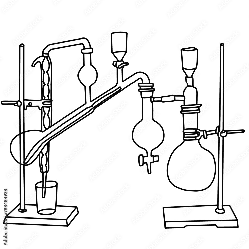 Vector illustration kjeldahl distillation assembly hand drawn sketch laboratory tools line art