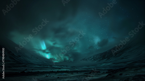 Hessdalen Lamp light phenomenon, dark night sky with flashes of green and blue light on the eastern horizon, surrounding small hills, Ai generated Images photo