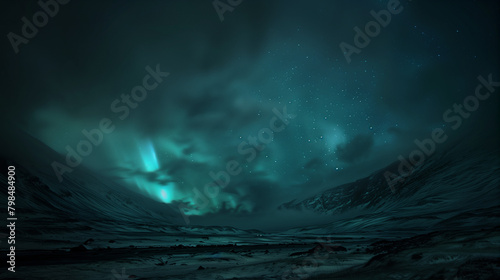 Hessdalen Lamp light phenomenon, dark night sky with flashes of green and blue light on the eastern horizon, surrounding small hills, Ai generated Images
