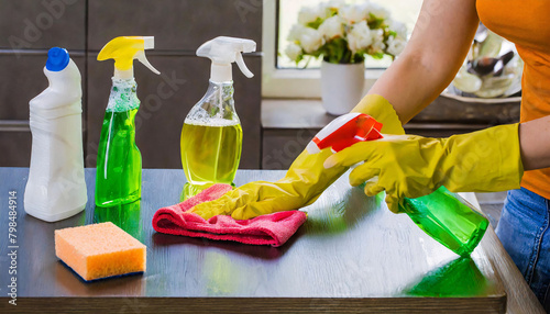 Using cleaning products to dust and polish the table in the kitchen at home, taking care of household chores and housekeeping.