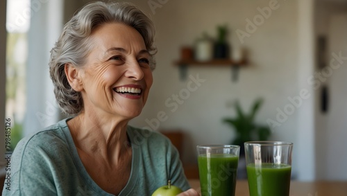 Elderly woman grinning with a glass of fresh green juice in hand ai_generated