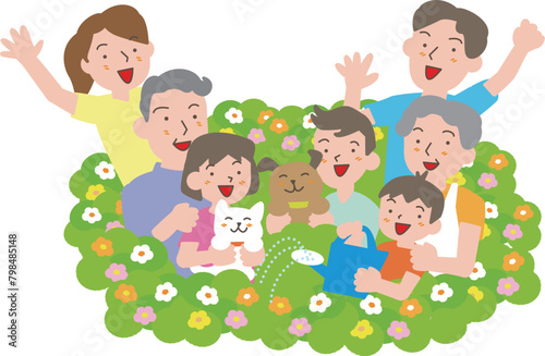 花に囲まれた笑顔の家族。高齢者、親、子供のイラスト