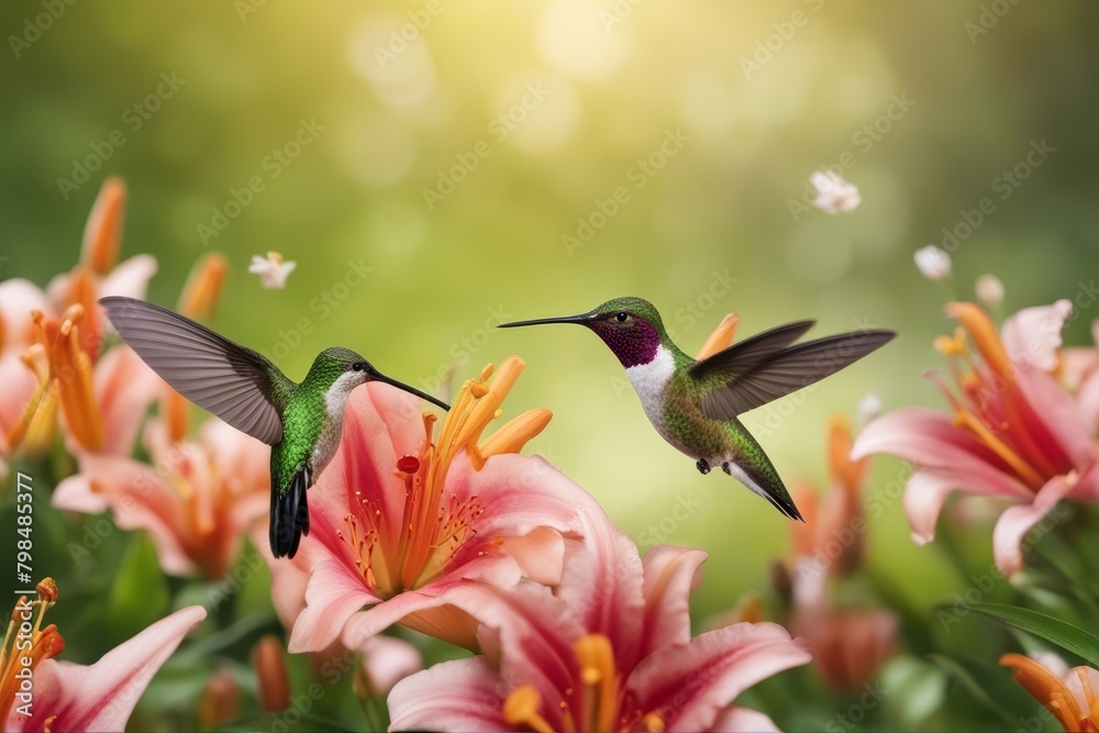 Fototapeta premium 'next flowers hovering view panoramic lily hummingbird avian bird decorative feather flying flower garden hover iridescent light ornithology pattern plumage surface texture tiny wildlife'