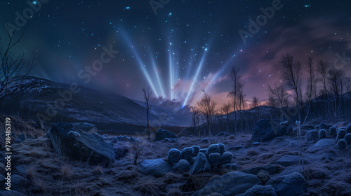 Hessdalen Lamp light phenomenon, hilly landscape with strange light radiating in the night sky, Ai generated Images photo