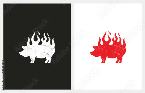 Grilled Pork Pig Boar Fire Flame Red Vintage BBQ Barbecue Logo design inspiration