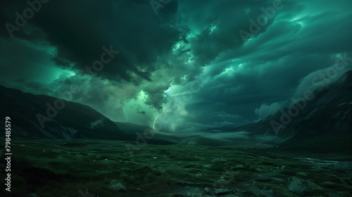 Hessdalen Lamp light phenomenon  dark night sky with flashes of green and blue light on the eastern horizon  surrounding small hills  Ai generated Images