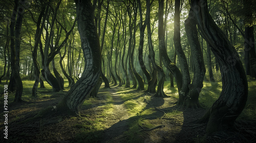 Hola Baciu Forest with lush trees and strange curved trunks, sunlight penetrating creating mysterious shadows on the ground, Ai Generated Images photo