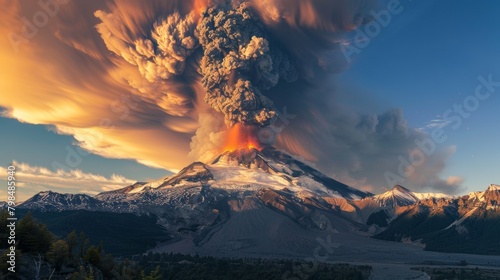 Andes volcano erupts with explosive force, towering ash plume, fire, and magma explosions photo